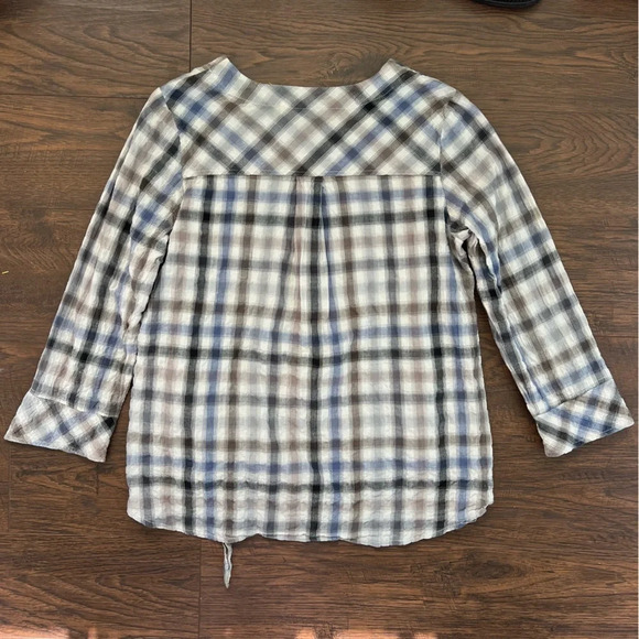 Habitat Textured Grey/Blue Crinkled Plaid Top Tie Waist Womens Size Small - Picture 2 of 6